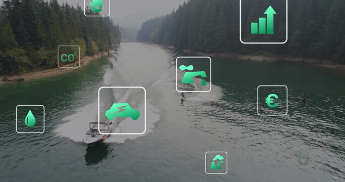 Speeding powerboat towing wakeboarder wearing life vest across lake, with green icons, copy space - Powered by Adobe