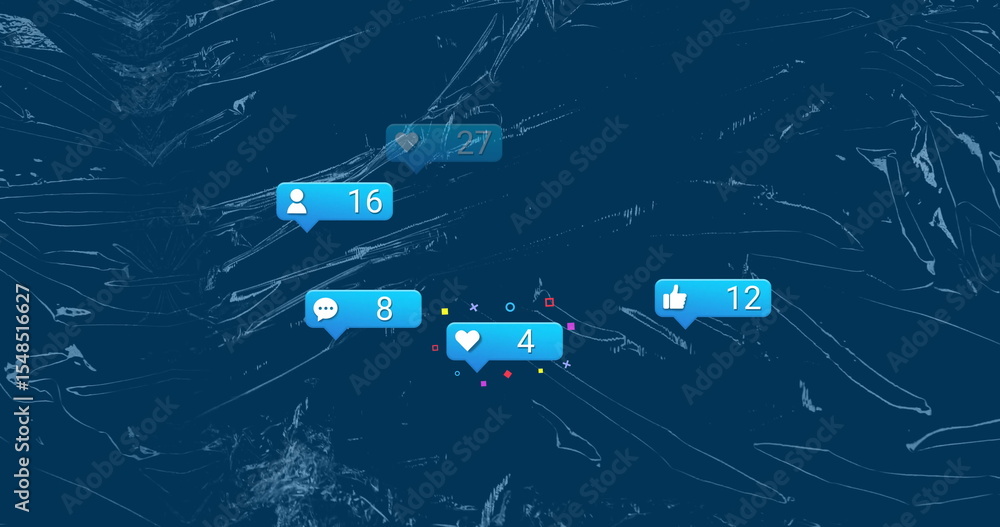 Poster floating social media icons drifting on interface, with user comment heart and like count bubbles