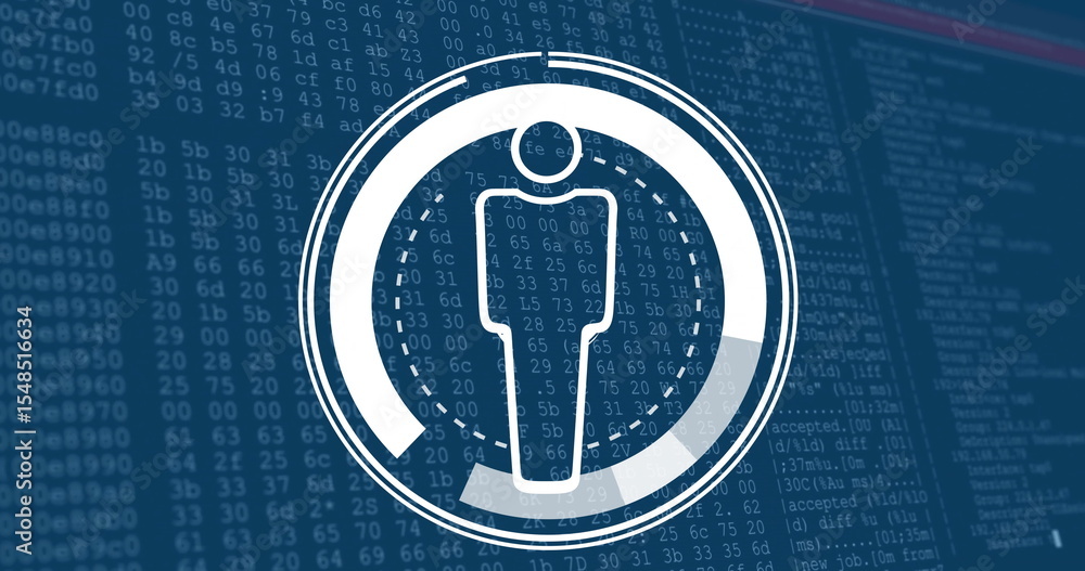 Poster displaying white human icon pulsing in concentric rings on security dashboard, with code overlay