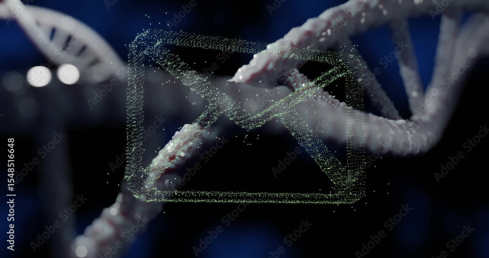 Poster twisting dna double helix hovering in virtual molecular lab, with particle-based envelope icon