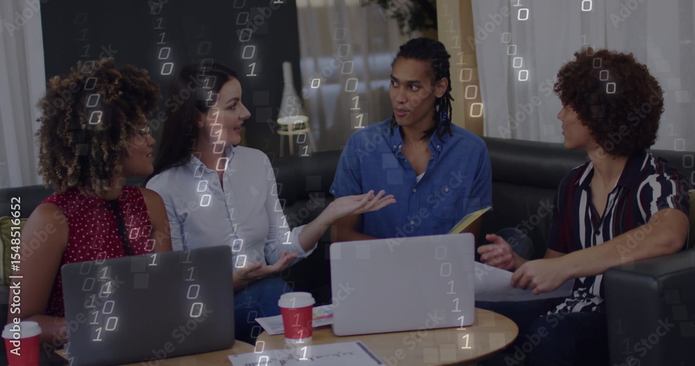 Poster discussing project, colleagues typing on laptops around coffee table in lounge with binary overlays