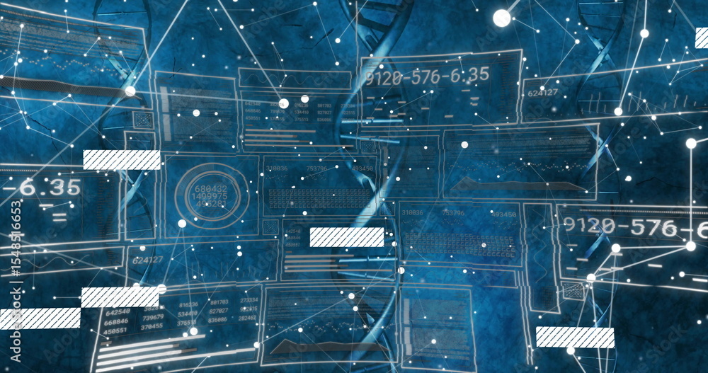 Poster displaying digital dna helix interacting with panels in futuristic space, network nodes and lines