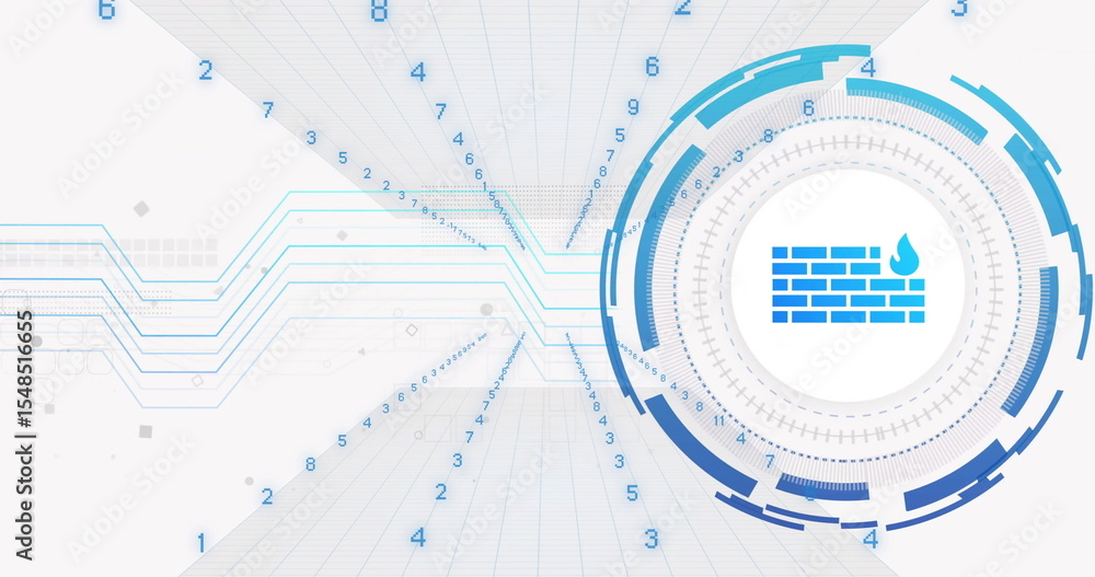 Poster highlighting firewall icon glowing in circular hud on grid, digits and circuit lines, copy space