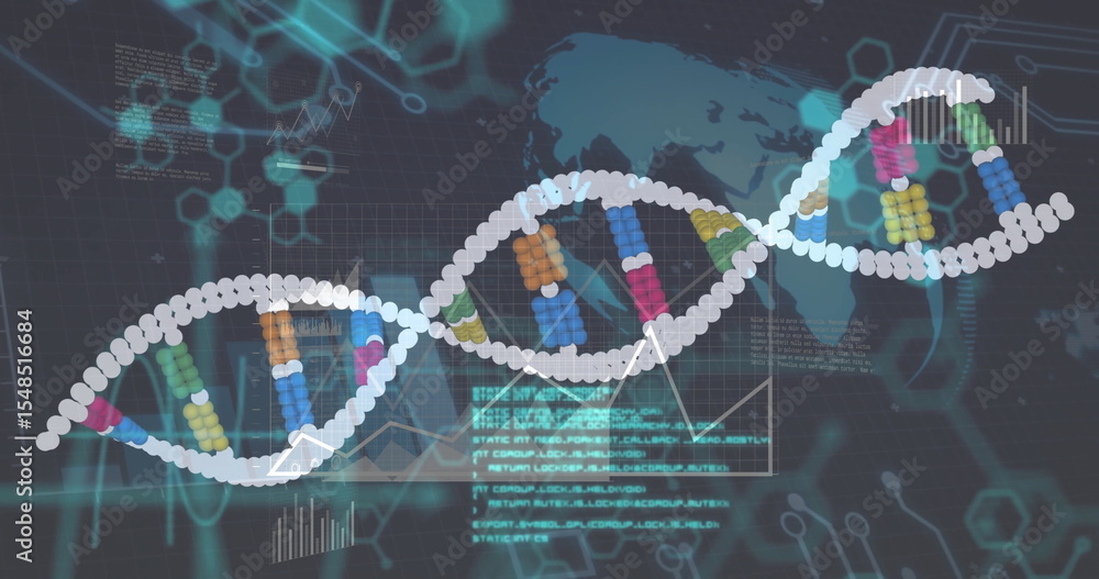 Poster displaying digital dna helix graphic with colored blocks on interface, with world map and charts