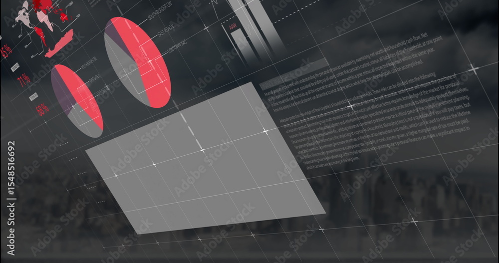 Poster displaying digital overlay hovering over cityscape, showing pie charts, bar graphs, world map