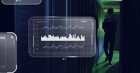 Standing Korean IT admin monitoring server racks in data center, with floating charts, copy space