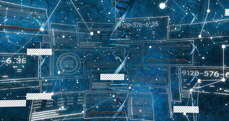 Displaying digital DNA helix interacting with panels in futuristic space, network nodes and lines