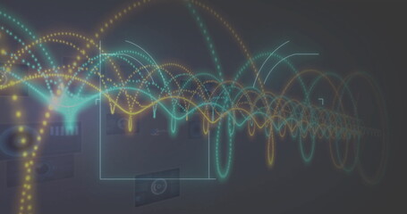 Displaying multicolored waveform arcs and dotted streams across holographic UI, with frames, panels