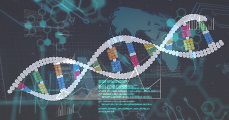 Displaying digital DNA helix graphic with colored blocks on interface, with world map and charts