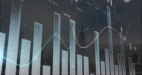 Displaying digital financial bars and trend lines over dusk skyline, with dollar labels plus nodes