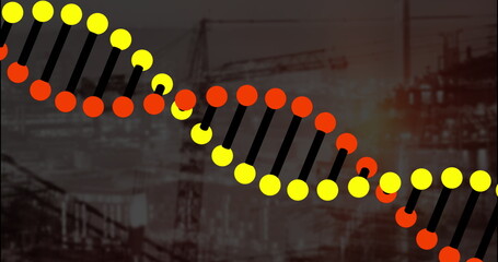 Stylized DNA helix floating above urban construction site, with cranes and scaffolding frameworks