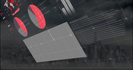 Displaying digital overlay hovering over cityscape, showing pie charts, bar graphs, world map © vectorfusionart