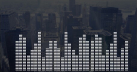 Displaying audio equalizer overlay over metropolitan skyline at dusk, featuring vertical white bars