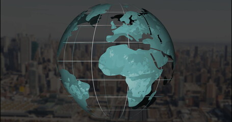 Floating digital 3D globe showing turquoise continents and grid lines over blurred urban skyline