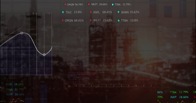 Displaying line graph overlaying dusk city skyline with grid, highway light trails and data labels