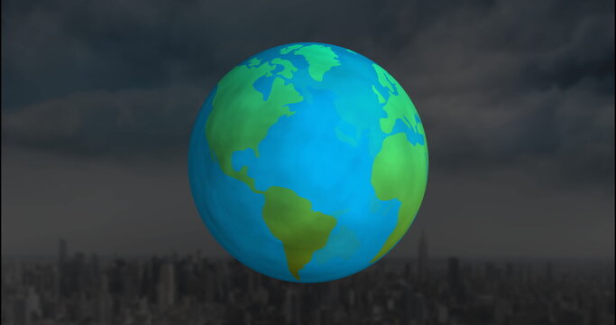 Naklejki Floating stylized Earth globe above blurred city skyscraper silhouettes under dark storm clouds