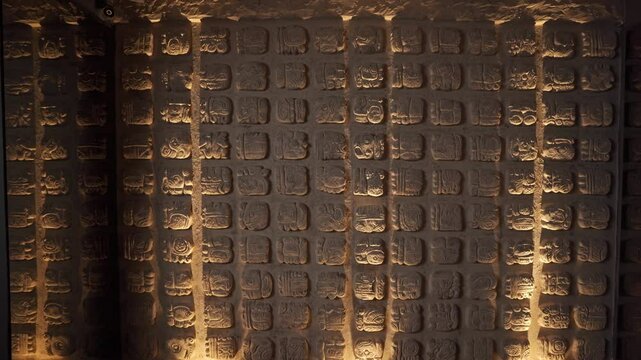 Mayan Glyphs Carved Stone Wall Illuminated Detail