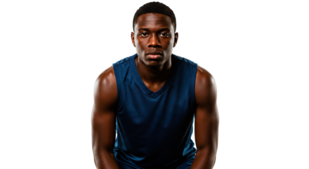 Portrait of a dark skinned man in a blue athletic shirt looking directly at the camera with a serious look