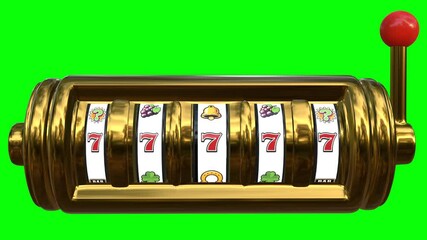 Golden slot machine with spinning reels and various symbols on a green screen background, ideal for casino, gambling, or luck-themed visuals.