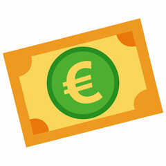 Stylized Cartoon Illustration of a Euro Banknote Featuring a Green Euro Symbol Coin on a Yellow Bill with Orange Accents Isolated on a White Background
