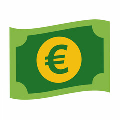 Stylized Green Euro Banknote Illustration with a Yellow Euro Symbol on a Waving Bill Representing European Currency and Finance in a Simple Design