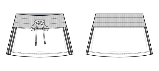 Contrast Trim Mini Skirt Technical Fashion Illustration. Drawstring Waistband Skirt Vector Template. Front and Back View. Athleisure Bottomwear. CAD Mockup set.