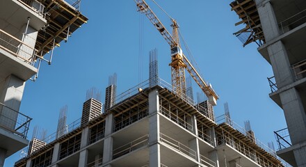 Concrete Building Under Construction with Yellow Crane Against Clear Blue Sky
