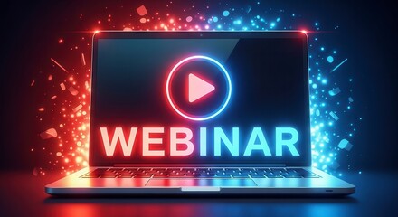 Watch online webinar presentation on laptop for business conference or training event broadcast live stream