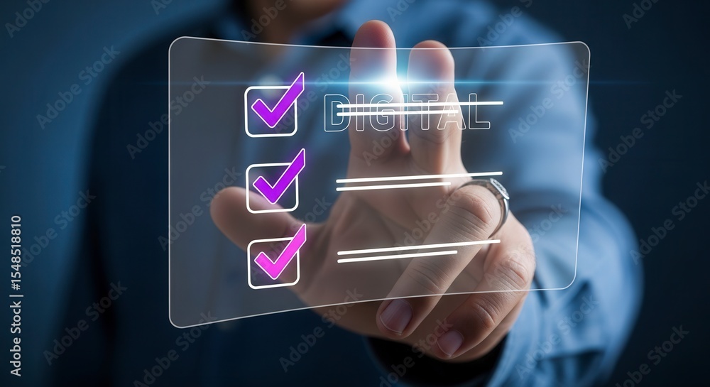 Poster interactive digital checklist on glass screen with hand pressing for task management system app