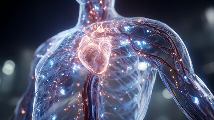 3D illustration of human body anatomy showcasing heart and circulatory system with glowing blood vessels and detailed musculature