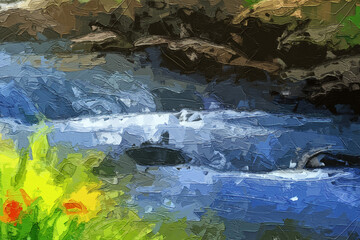 Various oil paintings, floral landscapes, creeks, swans, tulips, mountains, waters, chrysanthemums, forests