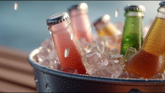 Refreshing assortment of colorful beverages surrounded by ice on a sunny day by the water