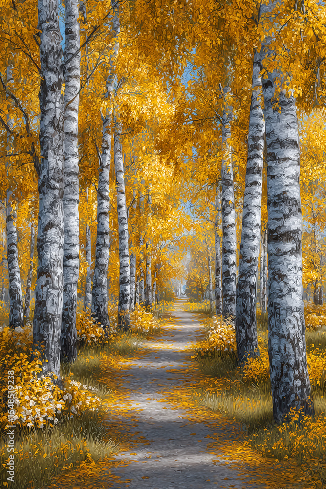 Poster pathway meanders through birch trees adorned with golden leaves. soft sunlight filters through branc