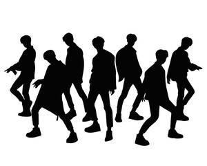 Male idol group silhouette, kpop idol dancing, icon isolated on white background