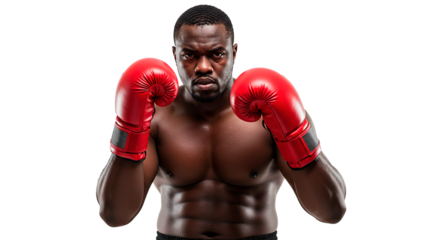 Muscular african american boxer with red gloves looking intensely at the camera in a fighting stance