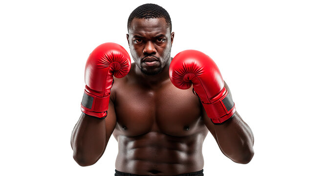 Muscular african american boxer with red gloves looking intensely at the camera in a fighting stance - Powered by Adobe