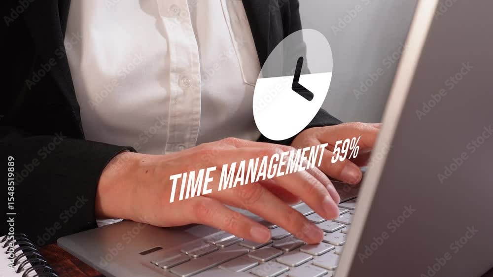 Poster businesswoman hands with computer and a percentage progress indicator loop of a clock icon and the p