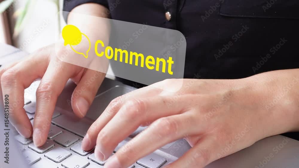 Poster a woman's hands on a laptop keyboard with a speech bubble icon and the word 