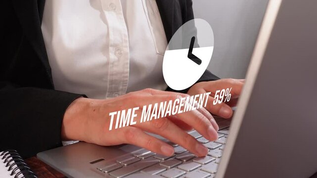 Businesswoman hands with computer and a percentage progress indicator loop of a clock icon and the phrase Time management