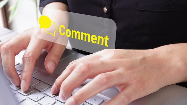 A woman's hands on a laptop keyboard with a speech bubble icon and the word "Comment." Concept of generating dialogue on social media.