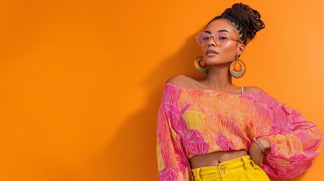 Stylish African American Woman Trendy Summer Fashion Vibrant Orange Background Casual Chic Outfit Pink Blouse Yellow Pants Bold Earrings Modern Style Summer Lookbook Beautiful     