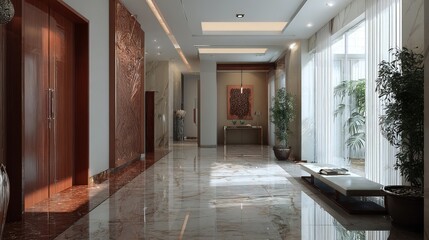 Elegant Modern Hotel Lobby Interior Design Luxury Spacious Marble Floor Hallway Bright Sunlight Plants Potted Wooden Doors Walls Architecture Contemporary room home calm chic space