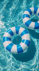 Blue Striped Pool Tubes Floating Calmly on Water