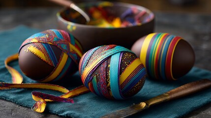 Delicious Chocolate Easter Eggs Decorated with Vibrant Colorful Ribbons Festive Spring Treats Sweet Holiday Delightful Confectionery Artisan Crafted Easter Eggs up red food dark   