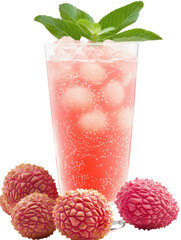  Fresh lychee juice – vivid color in a tall glass with splash on transparent background