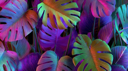 Vibrant Neon Tropical Monstera Leaves Abstract Background Digital Art Print Design Modern Summer Nature Floral Pattern Wallpaper Illustration Bohemian Style Exotic Bright Colors   