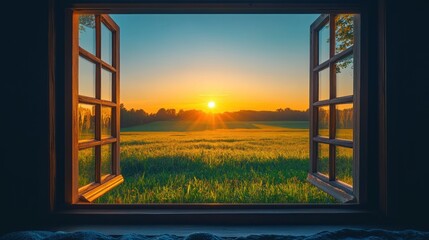 a tranquil morning unfolds through an open window revealing a picturesque landscape bathed in the golden light of sunrise evoking a sense of peace and serenity