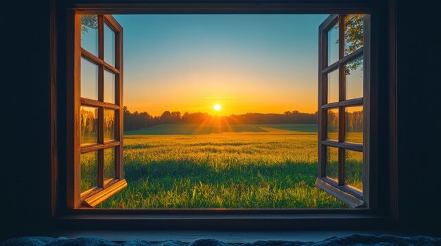Fototapeta a tranquil morning unfolds through an open window revealing a picturesque landscape bathed in the golden light of sunrise evoking a sense of peace and serenity