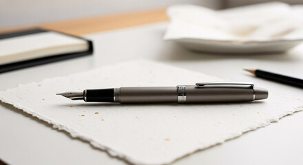 Close up of a silver fountain pen on textured paper with a pencil and notebook in the background