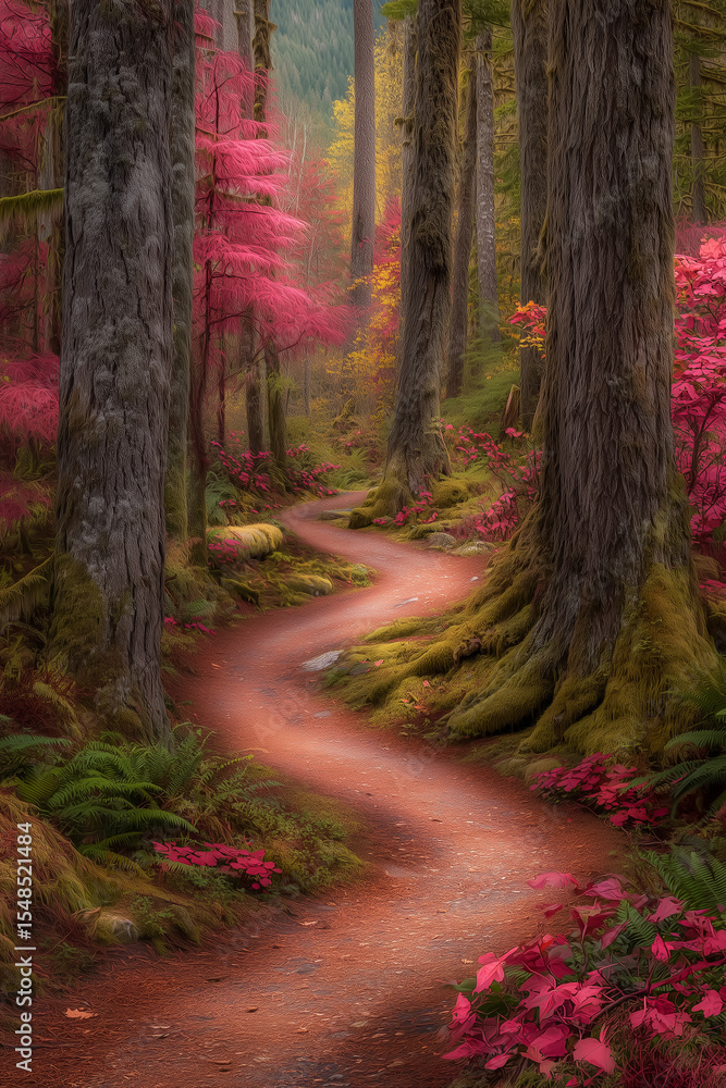Poster curved trail meanders through a dense forest filled with vibrant red and orange foliage. sunlight fi
